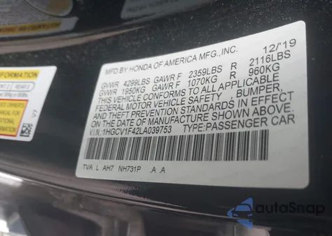 2020 Honda Accord Ex from USA, damaged, VIN 1HGCV1F42LA039753